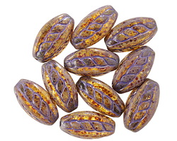 Czech Glass Amber Picasso w/ Purple Wash Roped 4-sided Rice Oval 15x9mm