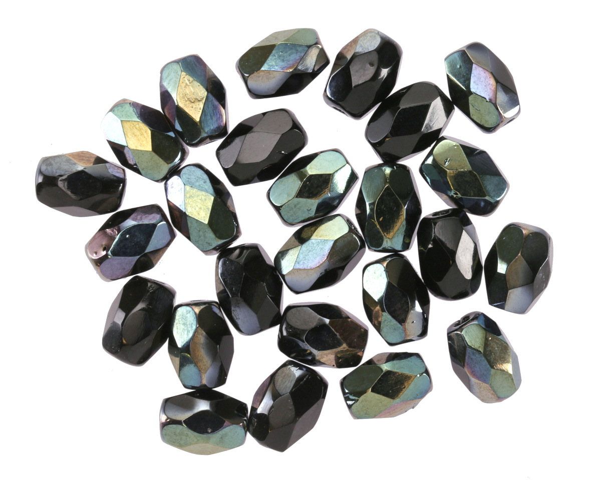 Czech Glass Jet w/ Silver AB Fire Polished Faceted Rice 8x6mm