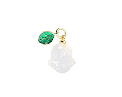 White Agate Carved Rose w/ Green Enamel Leaf Charm 13x11mm