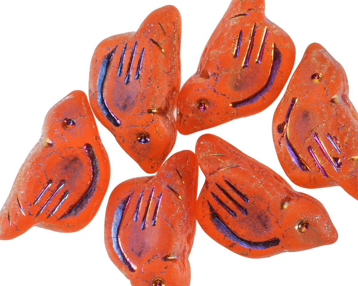 Czech Glass Matte Tangerine w/ Rainbow Metallic Bird 11x22mm