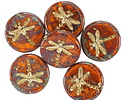 Czech Glass Hyacinth Picasso w/ Gold Dragonfly Coin 17mm