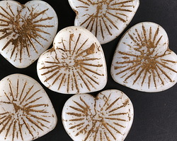 Czech Glass Matte White w/ Bronze Wash Starburst Heart 22mm