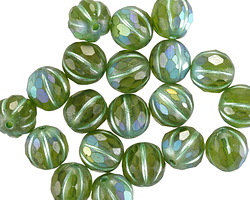 Czech Glass Matte Peridot AB w/ Metallic Green Faceted Melon Round 8mm