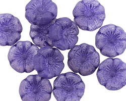 Czech Glass Matte Plum w/ Etched Violet Hibiscus Coin 12mm
