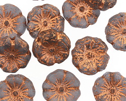 Czech Glass Etched Montana Blue w/ Copper Hibiscus Coin 12mm