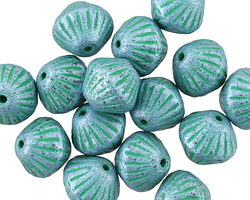 Czech Glass Turquoise w/ Metallic Green Textured Lined Bicone 10x11mm