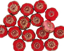 Czech Glass Bronzed Scarlet Red Hibiscus Coin 10mm
