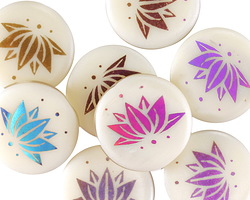 Czech Glass Laser Etched Lotus on White w/ Rainbow Finish Coin 17mm