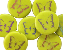 Czech Glass Laser Etched Butterfly on Matte Wasabi w/ Rainbow Finish Coin 17mm