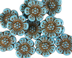 Czech Glass Bronzed Blue Turquoise Wild Rose Coin 13mm