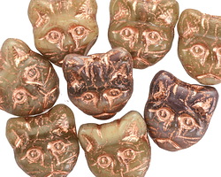 Czech Glass Calico w/ Copper Cat Head 13x11mm