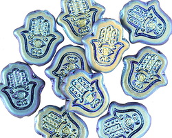 Czech Glass Matte Metallic Blue Cosmos Hamsa Hand 15x14mm