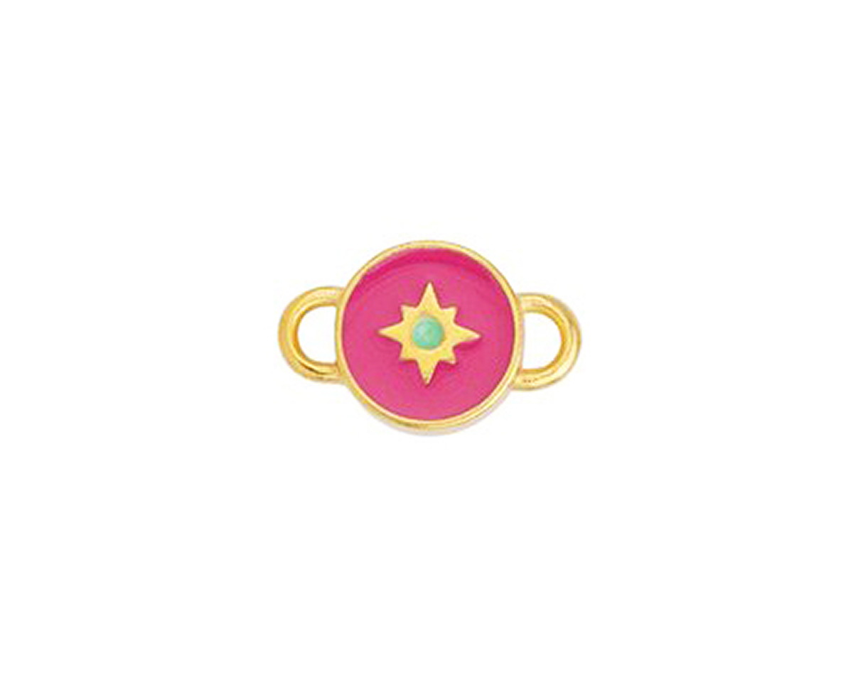 24K Gold (plated) Rose Pink & Mint Enamel North Star Round Focal Link 16x10mm