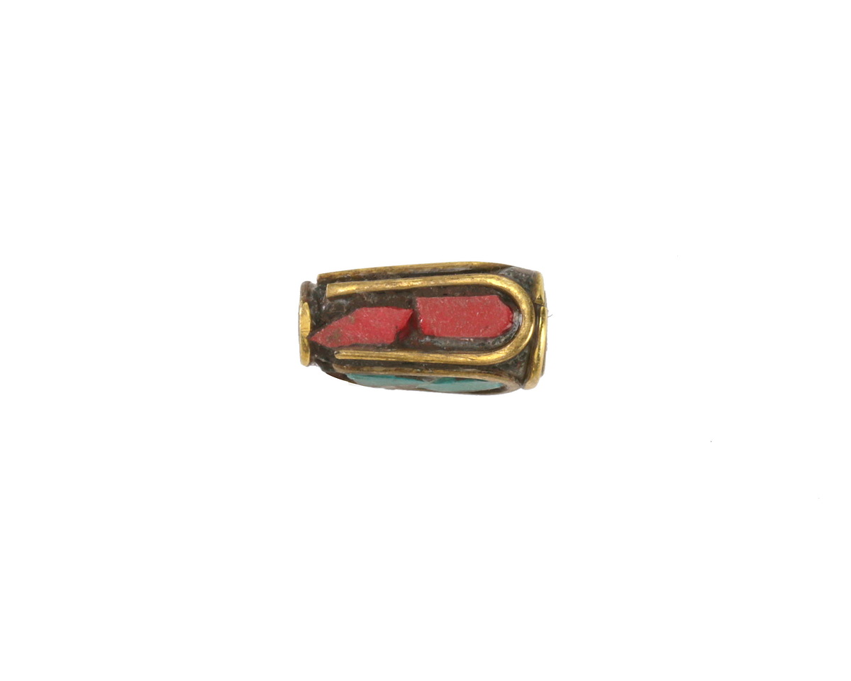 Nepalese Brass w/ Turquoise & Coral Mosaic Drop Bead 13x7mm