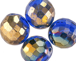Czech Glass Sapphire w/ Metallic Gold Rainbow Fire Polished Round 18mm