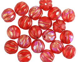 Czech Glass Matte Ruby AB w/ Copper Faceted Melon Round 8mm