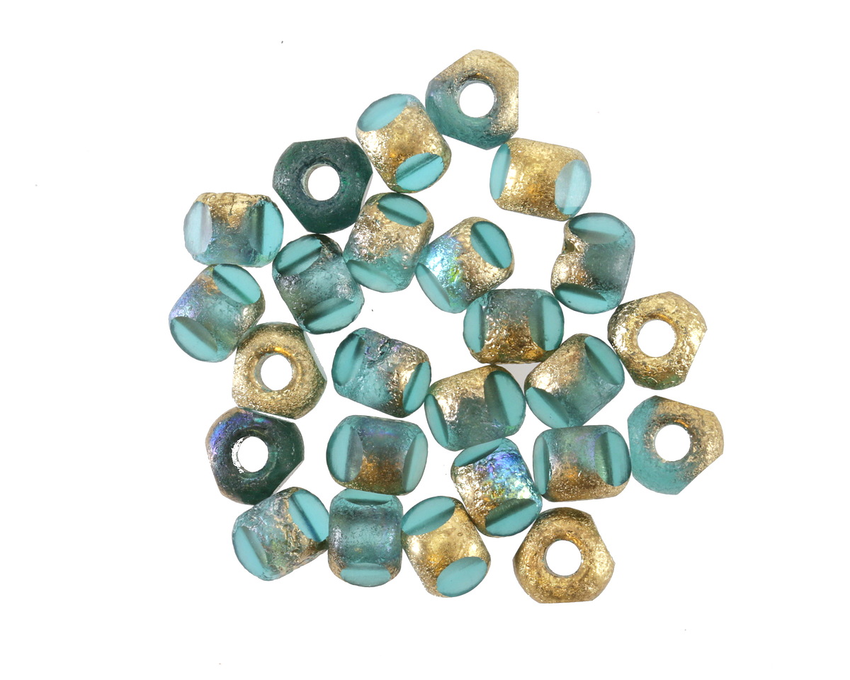Czech Glass Island Blue w/ Textured Gold AB Trica Beads 4x5mm