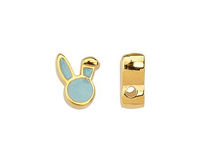 24K Gold (plated) Aqua Blue Enamel Cute Bunny Head Bead 9x12mm