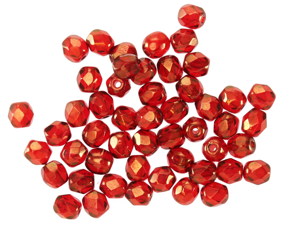 Czech Glass Ruby Red w/ Gold Fire Polished Round 4mm