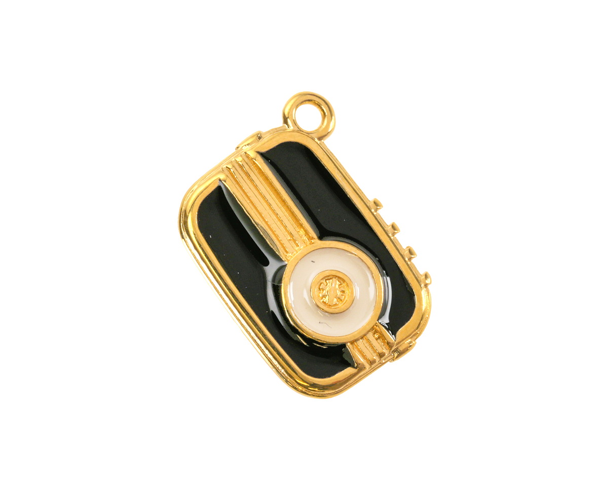 24K Gold (Plated) Jet & Pearl Enamel Vintage Transistor Radio Focal 20mm