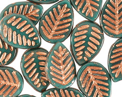 Czech Glass Dark Green Turquoise w/ Bronze Carved Leaf Drop 12x17mm