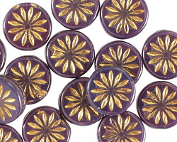 Czech Glass Deep Purple Opal w/ Gold Daisy Coin 12mm