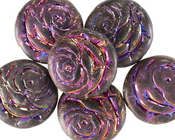 Czech Glass Matte Jet w/ Metallic Rainbow Wash Rose Coin 17mm