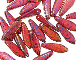 Czech Glass Laser Etched Peacock Feather on Garnet w/ Metallic Rainbow Dagger 8mm