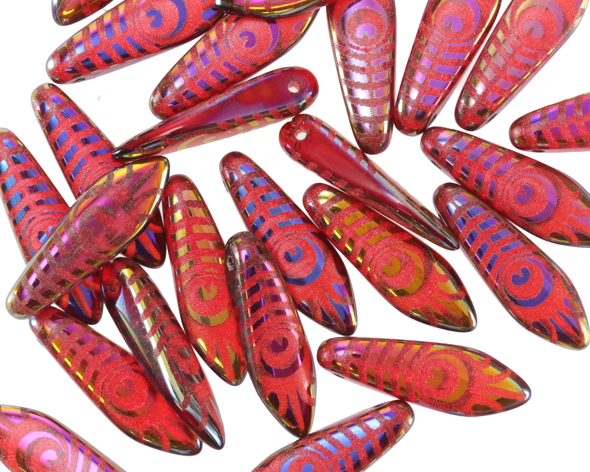 Czech Glass Laser Etched Peacock Feather on Garnet w/ Metallic Rainbow 8mm