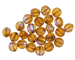 Czech Glass Matte Medium Topaz AB w/ Bronze Faceted Melon 6mm