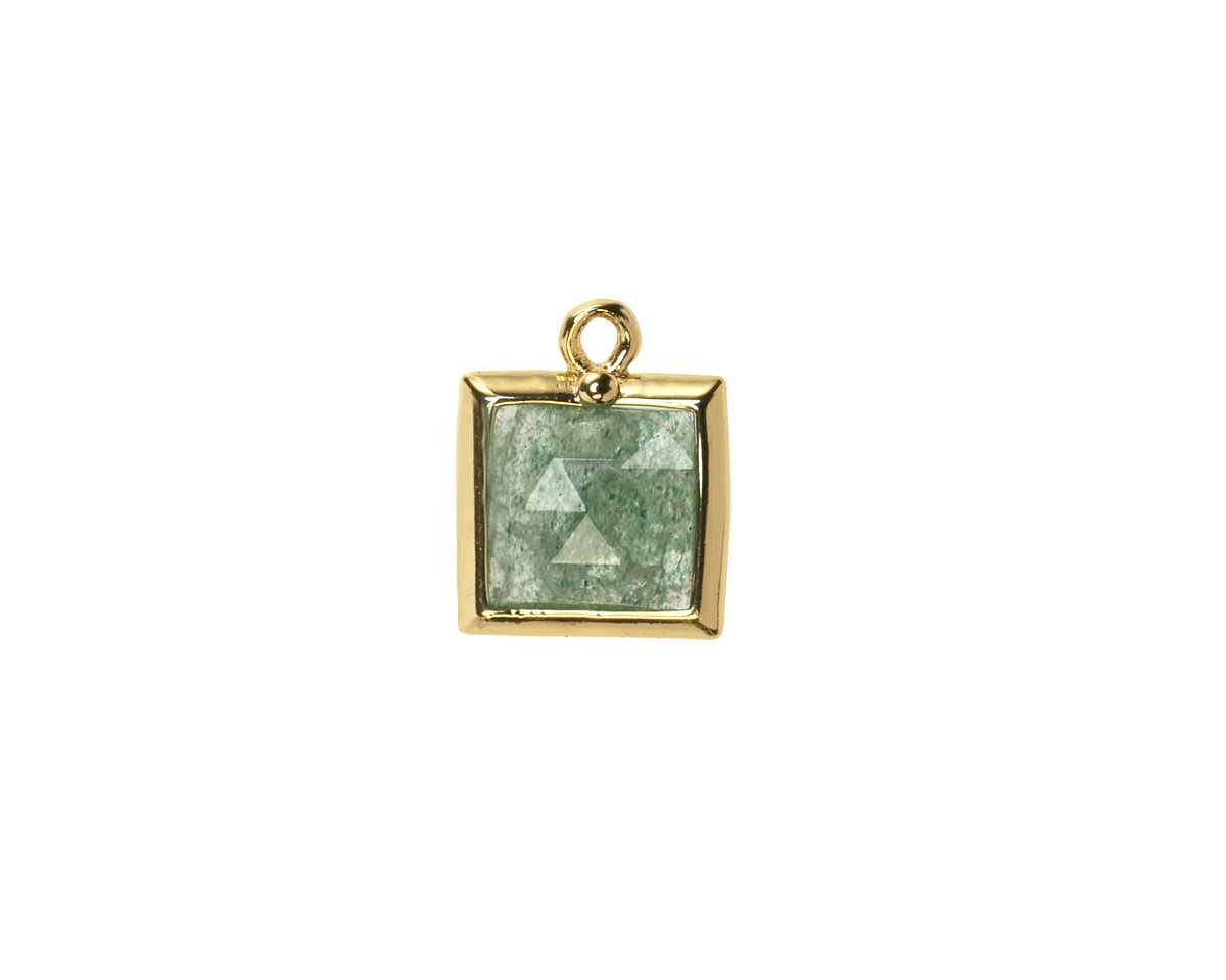 Green Strawberry Quartz w/ Gold Finish Faceted Square Focal 10x13mm