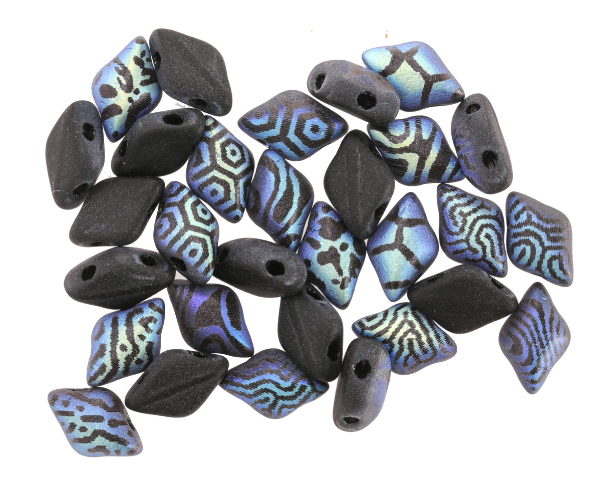 Czech Glass Laser Etched Mixed Designs on Matte Jet AB GemDuo 8x5mm