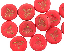 Czech Glass Bronzed Opaque Barn Red Bee Coin 12mm