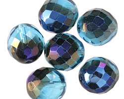 Czech Glass Aquamarine w/ Metallic Blue Fire Polished Round 14mm