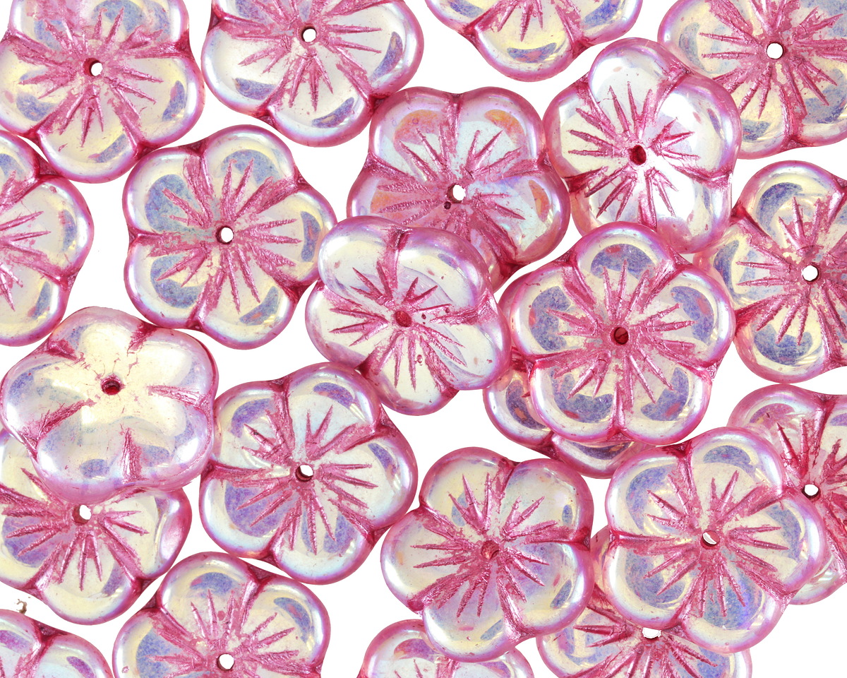 Czech Glass Pink Lustered Crystal AB Flower 14mm