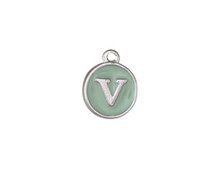 Sweet Mint Enamel Silver Finish Initial Coin Charm "V" 12x14mm