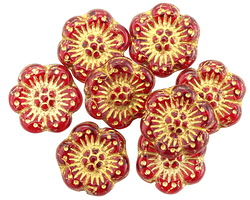Czech Glass Ruby w/ Gold Wild Rose Coin 13mm