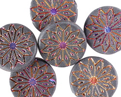 Czech Glass Matte Jet w/ Rainbow Metallic Origami Flower Coin 18mm