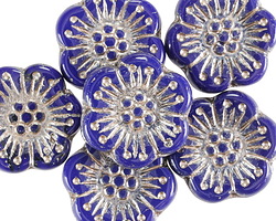 Czech Glass Cobalt w/ Platinum Wild Rose Coin 18mm