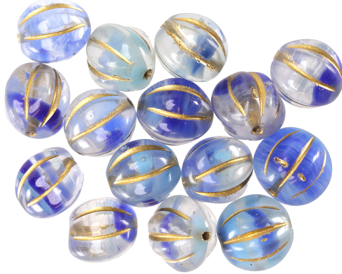 Czech Glass Blues Mix w/ Gold Melon Round 10mm