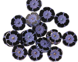 Czech Glass Jet AB w/ Purple Wash Hibiscus Coin 9mm