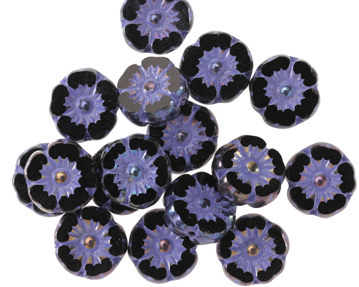 Czech Glass Jet AB w/ Purple Wash Hibiscus Coin 9mm