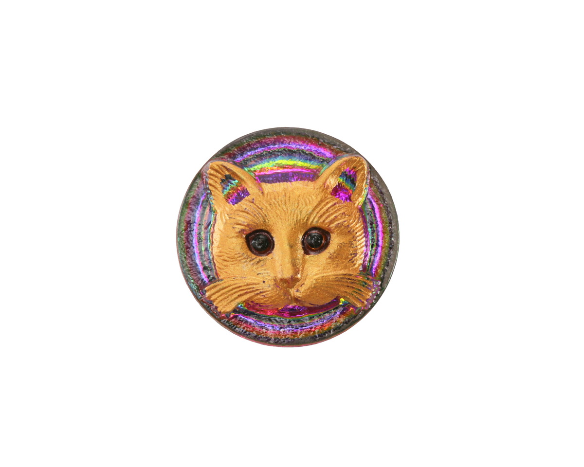 Czech Glass Crystal Rainbow Metalic w/ Hand Painted Orange Cat Face Button 18mm