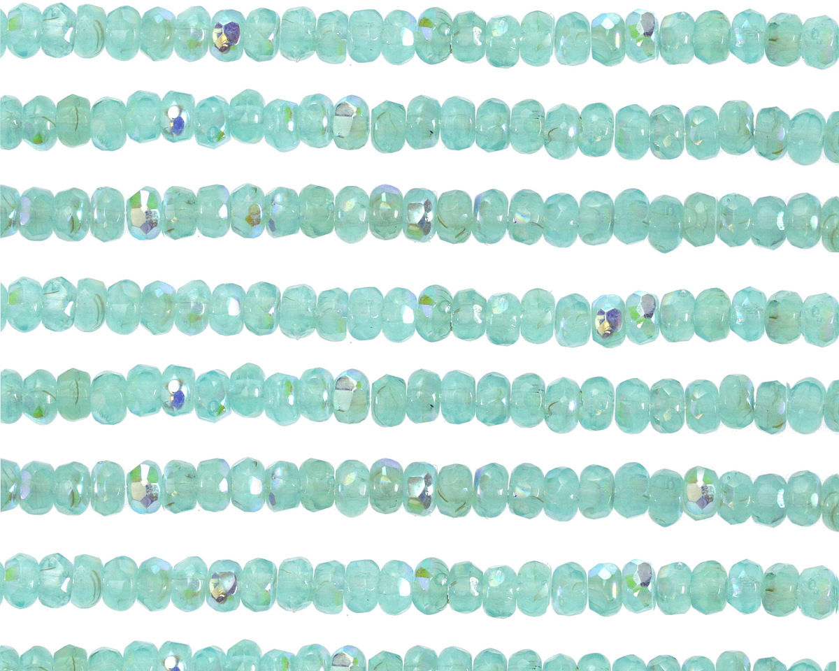 Czech Glass Aquamarine Opal AB Gem Cut Fire Polished Rondelle 2x3mm