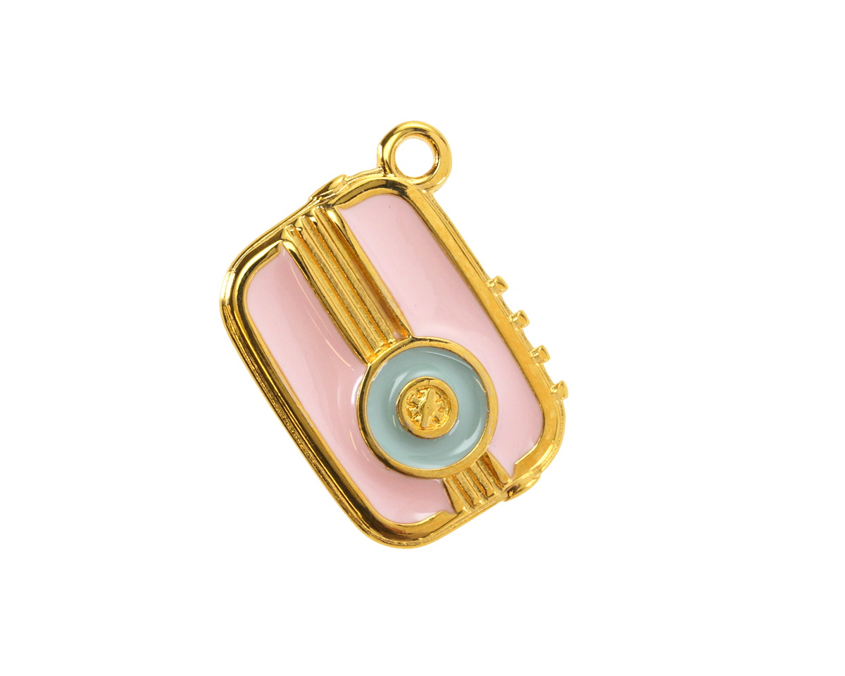 24K Gold (plated) Rose Pink & Blue Enamel Vintage Transistor Radio Focal 20mm
