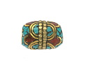 Nepalese Brass Coral & Turquoise Mosaic w/ Dotted Brass Band Barrel 20-21x15mm