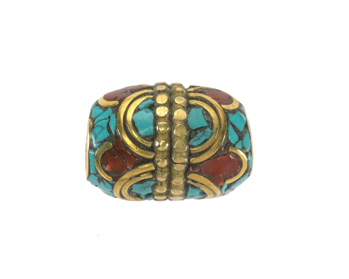 Nepalese Brass Coral & Turquoise Mosaic w/ Dotted Brass Band Barrel 20-21x15mm