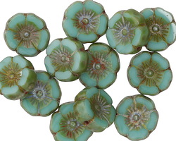 Czech Glass Green Turquoise Hibiscus Coin 12mm