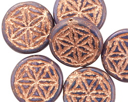 Czech Glass Thistle w/ Copper Flower of Life Geometry Coin 19mm