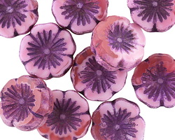 Czech Glass Etched Lilac Tie Dye Hibiscus Coin 14mm